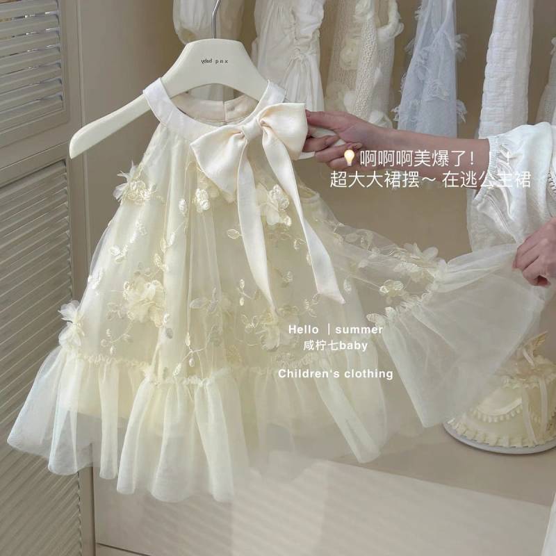 Meninas vestido de renda feminino verão vestido de princesa manga bufante vestido estilingue/vestido colete borboleta