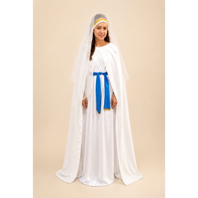 Fantasia de Nossa Senhora de LURDES, Contém Túnica com Capa Branca + Véu de glitter+ faixa azul, Fantasia de Santas