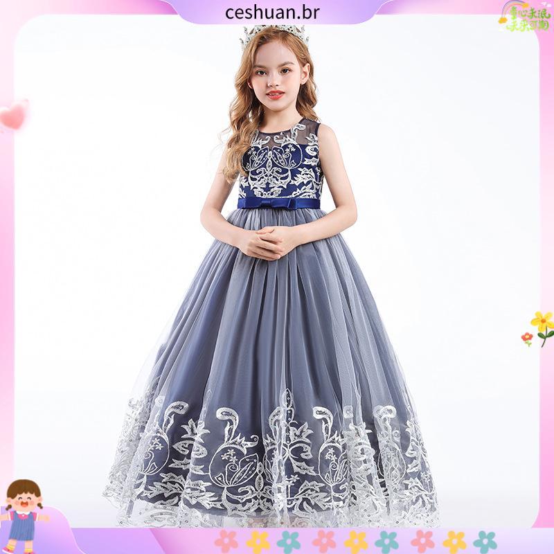 longo flor menina vestido gaze fofo menina vestido de princesa vestido de desempenho de casamen Vestido Princesa