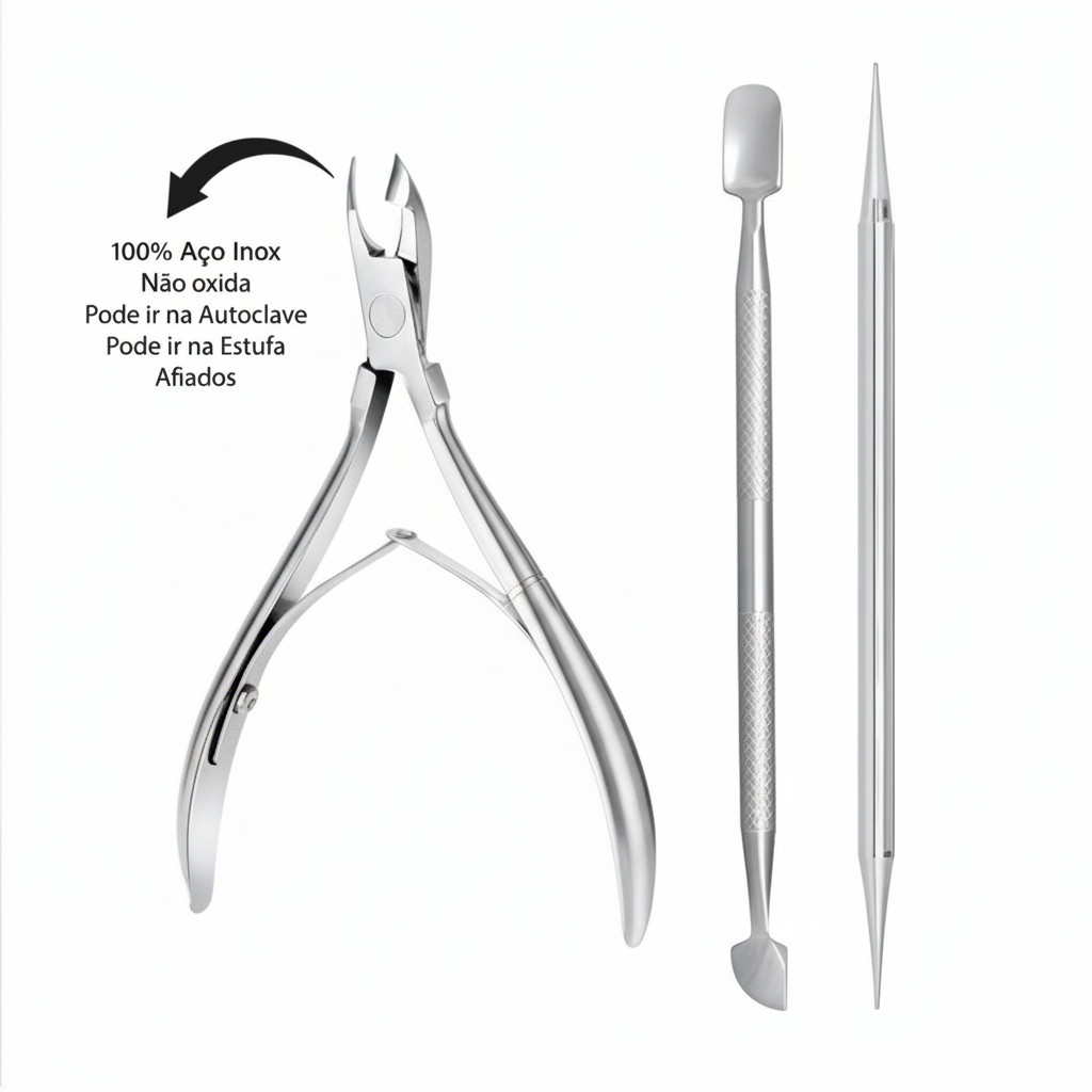 Alicate de cutícula + espatula + palito inox manicure 3 itens. Usar amolecedor de cutícula e esmalte