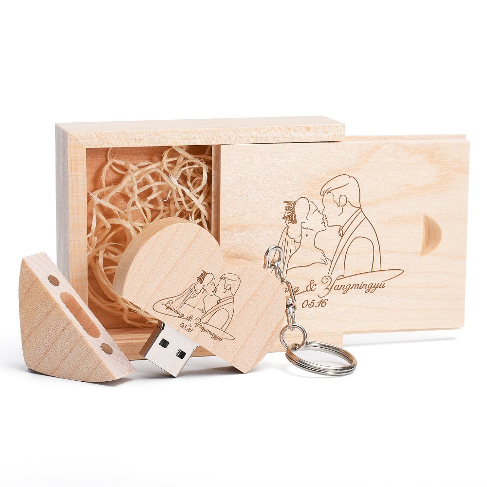 Cartão Personalizado Gratuito Coração De Madeira USB 2.0 Flash Drive 128GB 64GB 32GB 16GB 8GB 4GB Pen Com Chaveiro Caixa