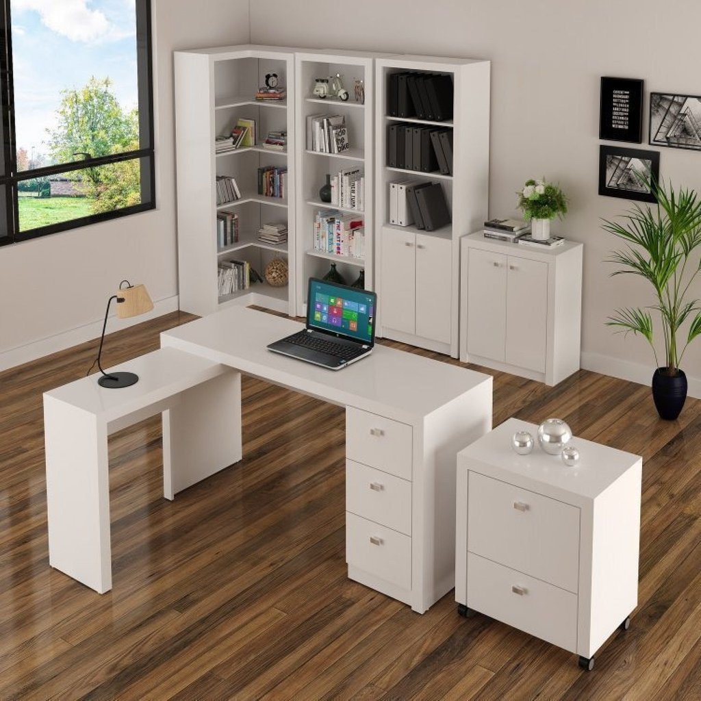 Conjunto Escritório 6 Peças com Mesa para em L, Balcão, Gaveteiro, Armário Multiuso Alto e 2 Estante Branco Branco