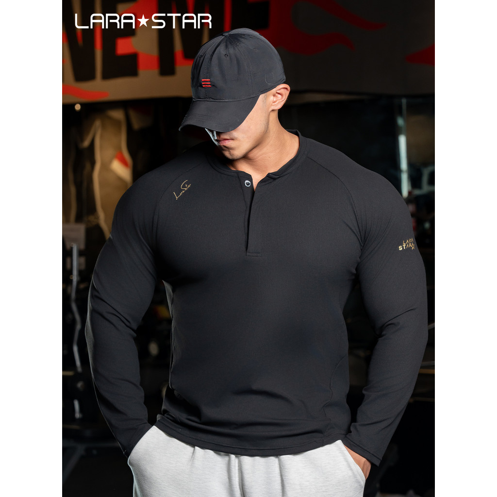 Laura Star LS1547 Camiseta masculina primavera outono respirável esportes lazer Fitness de manga comprida camisa Henry
