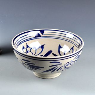  Xi pintado à mão azul branco tigela de Ramen de pé alto óleo respingo macarrão tigela de pé alto porcelana antiga cerâm