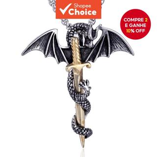 Colar Masculino Vintage De Aço Inoxidável 316L Gótico Pterosaur Dragão Espada Cruz Pingente Motociclista Punk em Oferta na Shopee