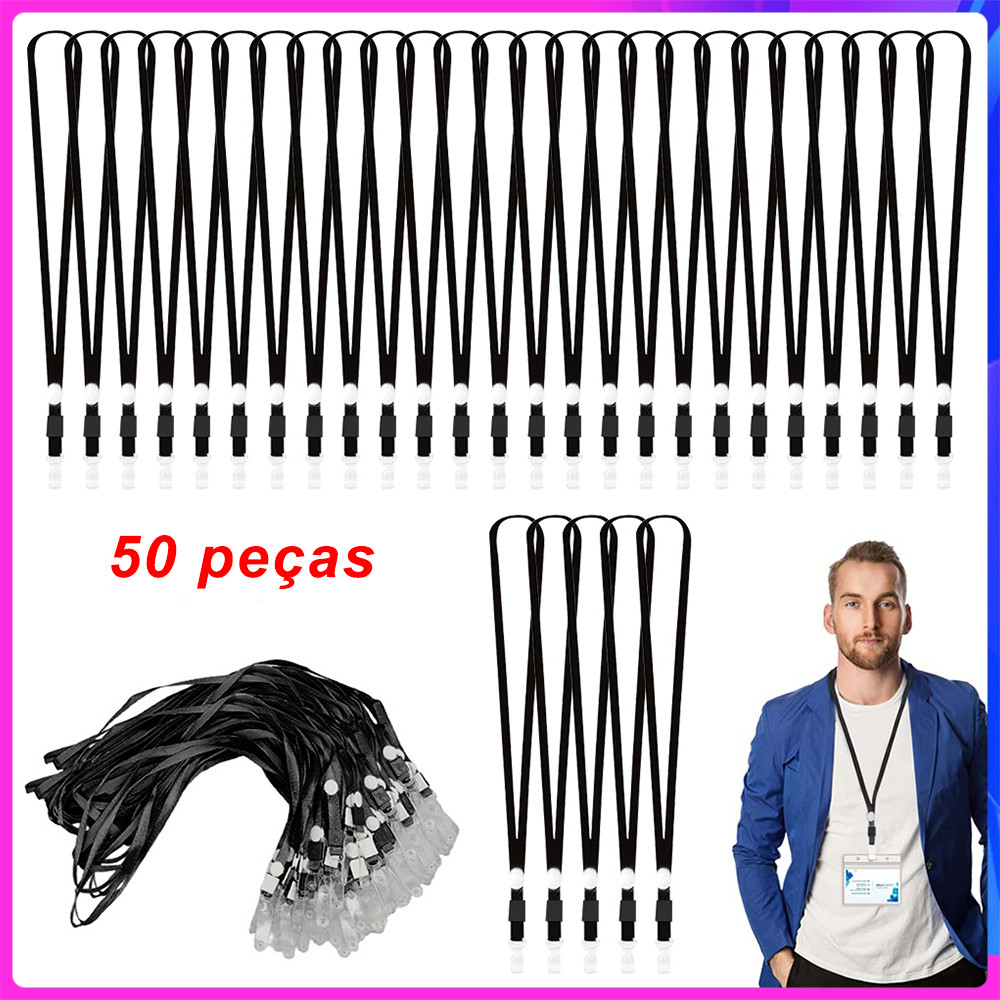 50 peças Cordão segurança com cordões planos,45 cm,para porta-crachás identificação,identificação cruzeiro,escola,preto em Oferta na Shopee