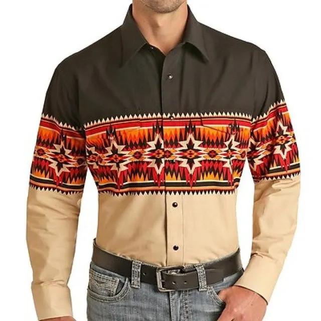 Camisa Masculina De Cowboy Ocidental Vintage Manga Comprida Casual Floral Slim Fit 3D Impressa Lapela Tribal Fashion
