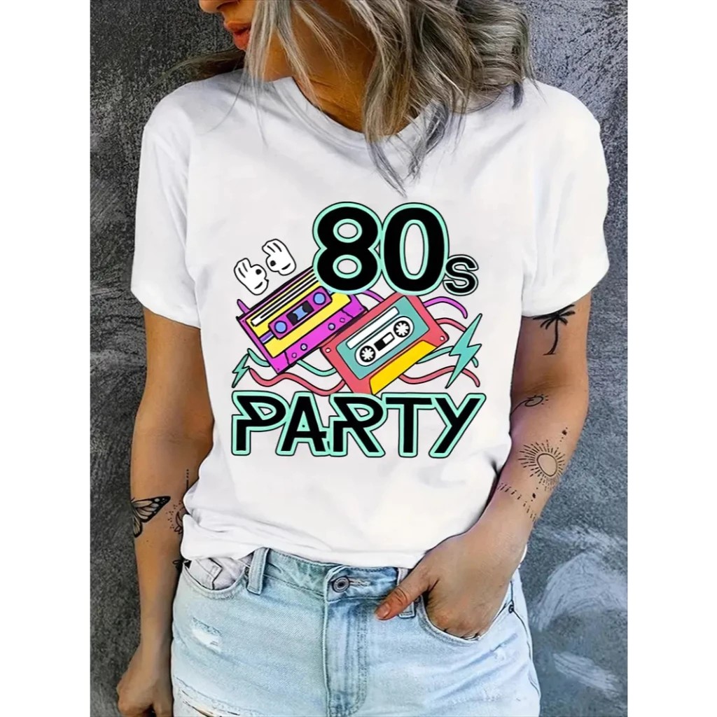 Camiseta Feminina Estampada 80 Party Anos 80 Unissex Exclusivo 100% Algodão Lançamento 2025 Plus Size Oversized Retro