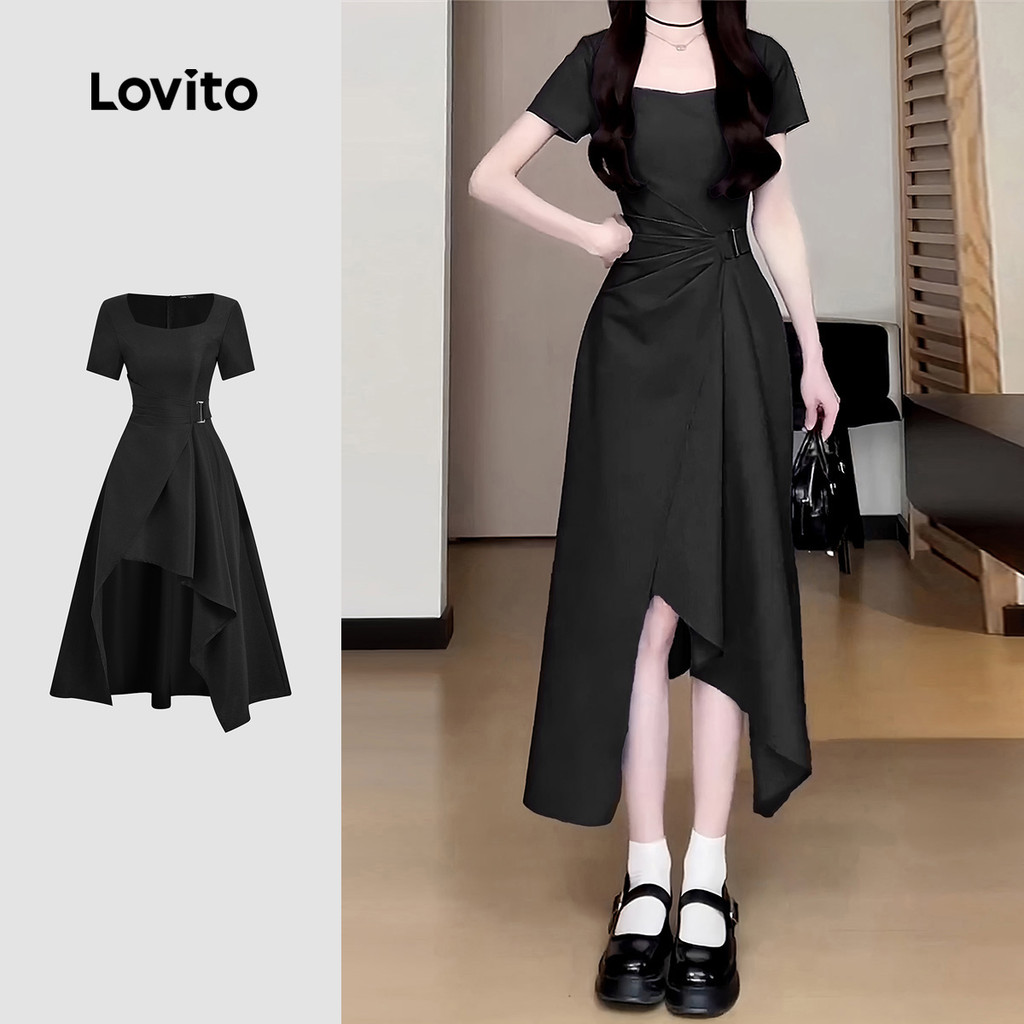 Lovito Vestido Fofo Plissado Primavera/verão Preto para mulheres L166AD975 em Oferta na Shopee