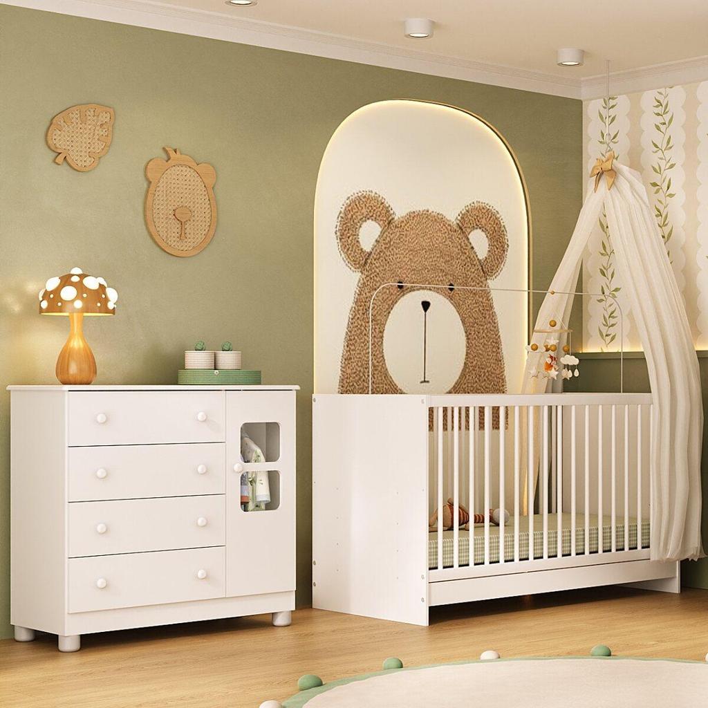 Berço 3 em 1 para Colchão 130x60cm com Cômoda 1 Porta 4 Gavetas Sol Multimóveis MP4740 em Oferta na Shopee