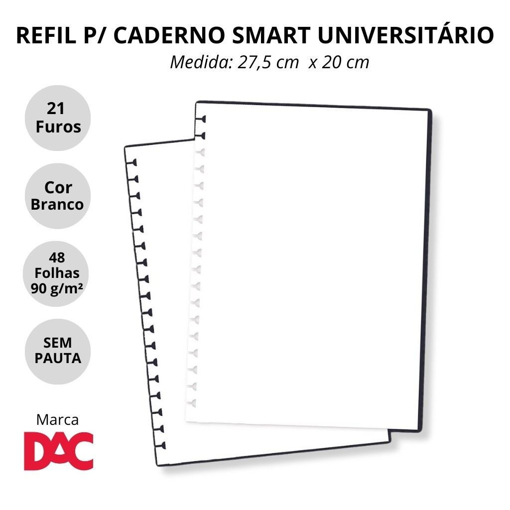 Refil de Folhas Reposicionável para Caderno Smart Universitário SEM PAUTA Branco - DAC em Oferta na Shopee