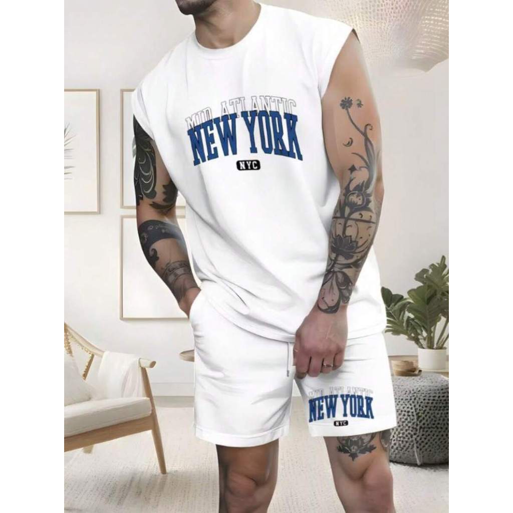 Kit 2 Peças Conjunto Masculino NEW YORK USA Camiseta Cavada 100% Algodão + Short Tectel Moda Masculina Streetwear Regata