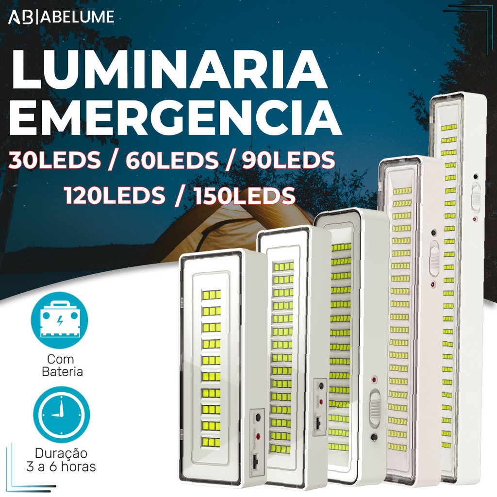 Luminária Emergência Lâmpada 150, 120, 90, 60 ou 30 Leds Recarregável Bivolt Luz Branca Fria