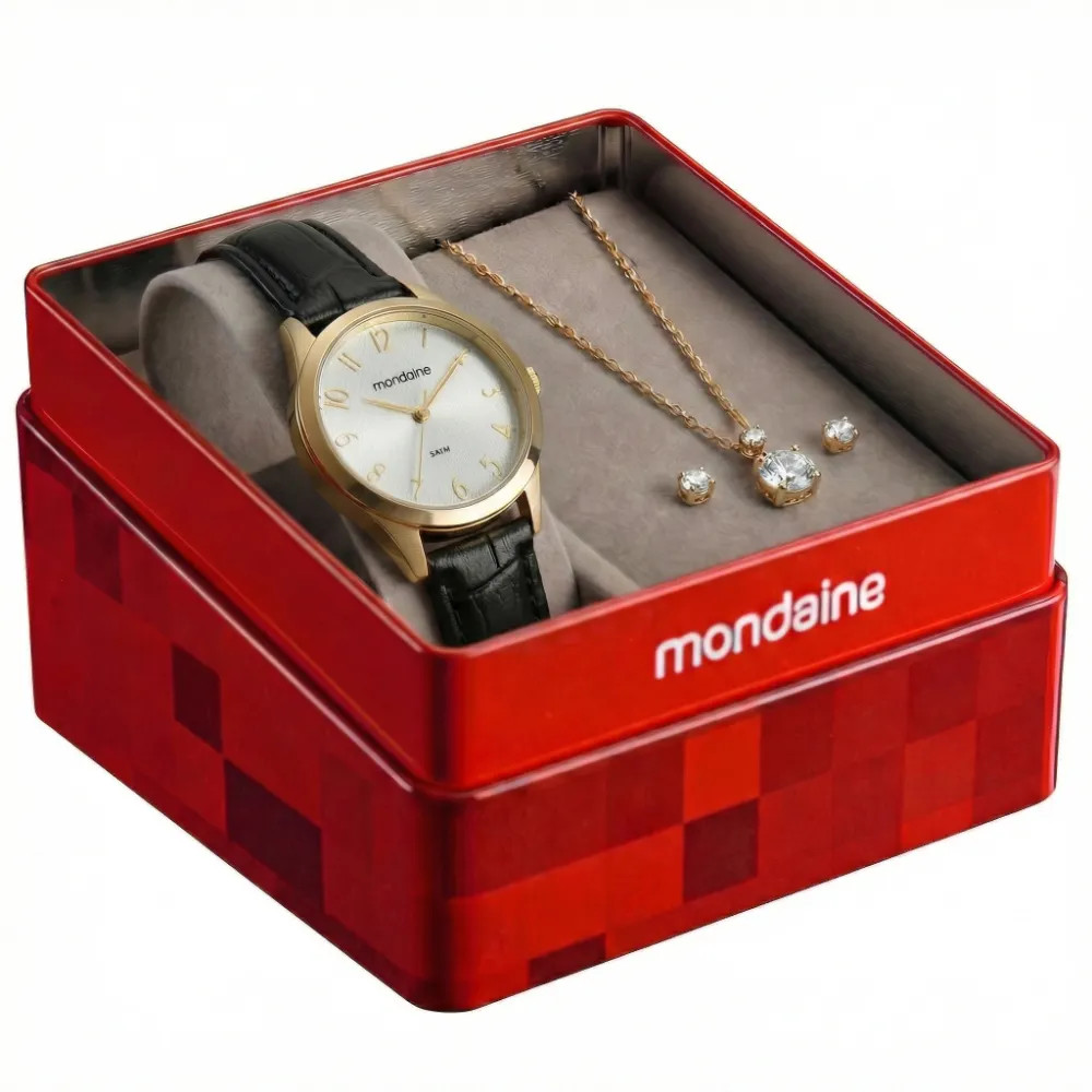Kit Relógio Feminino Mondaine Pulseira Couro Semijoias Original Garantia 1 Ano 99917LPMKDH1K1