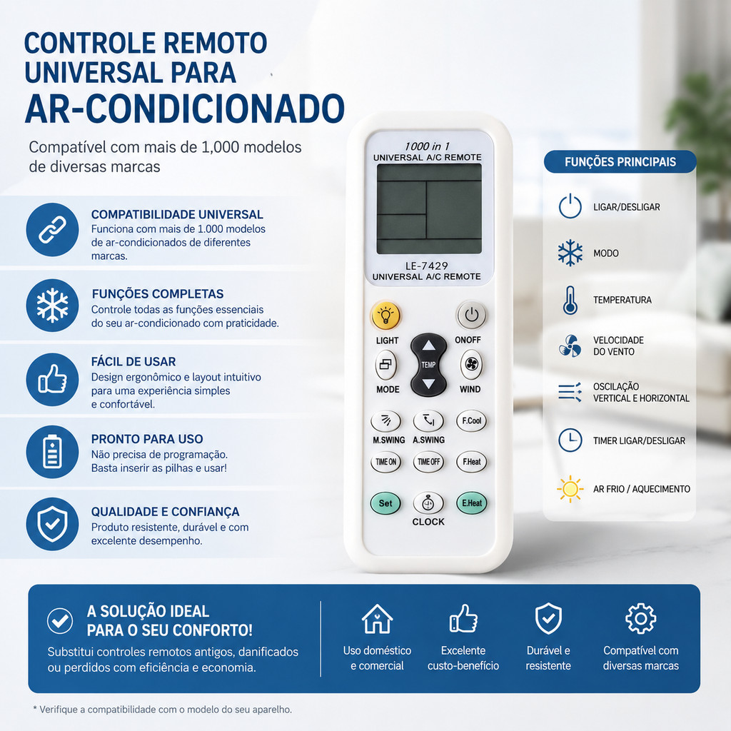 Controle Remoto Universal Ar-Condicionado LE-7429 com Busca Automática e Timer