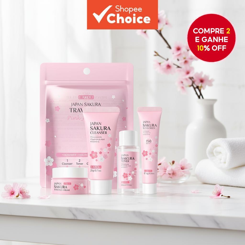 Kit de Cuidados com a Pele LAIKOU Japão Sakura para Reparação do Tom e Hidratação da Pele 4 Peças