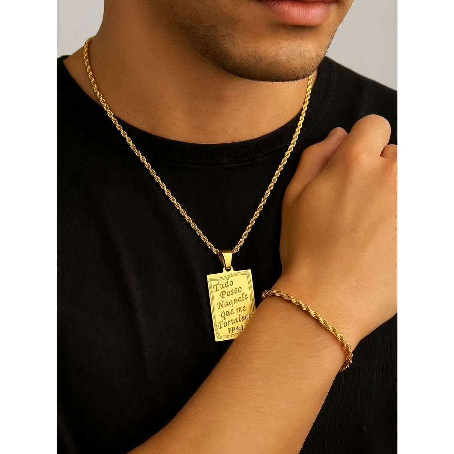 ⚡PROMOÇÃO ⚡Corrente Trançada + Pingente Tudo Posso Aquele + Pulseira Banhados a ouro 18k Cordão Masculina Crucifixo
