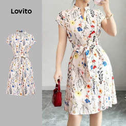 Lovito Floral Férias Vestido Gola Padre De Primavera/verão Com Amarração Dia a Dia Escola Encontros Para Mulheres Bordado L164LD136