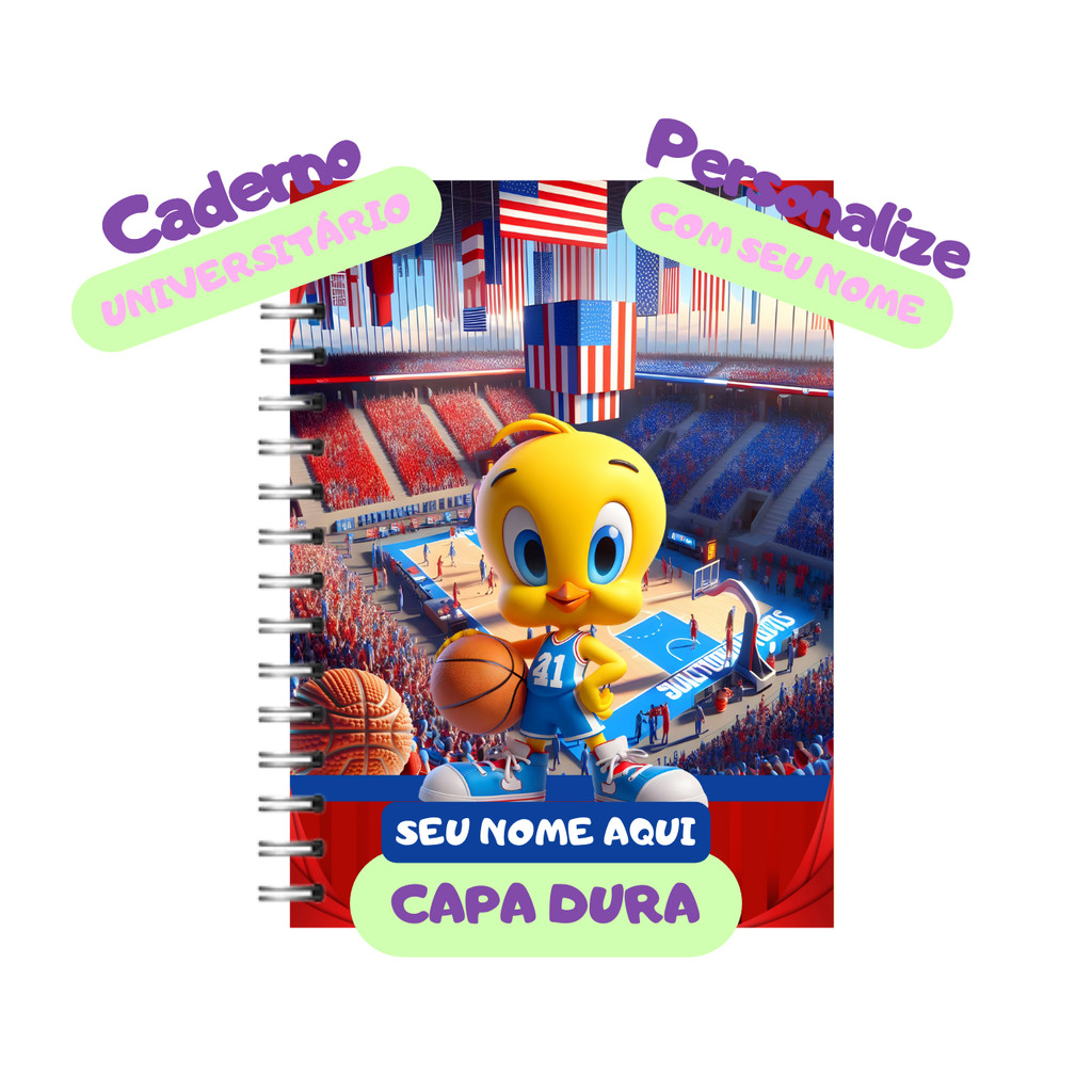 Caderno A4 Universitário 10 matérias Looney Tunes Basquete PiuPiu Capa Dura Laminado Personalizado 160 folhas 320 pág
