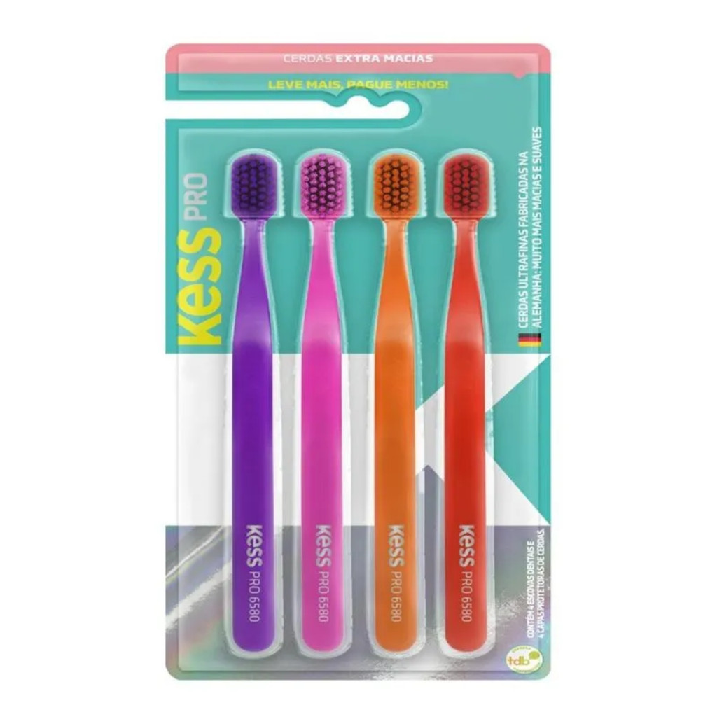 Escova Dental Kess Pro Extra Macia 4 Unidades – Limpeza Suave, Cores Sortidas, Protege Gengivas em Oferta na Shopee