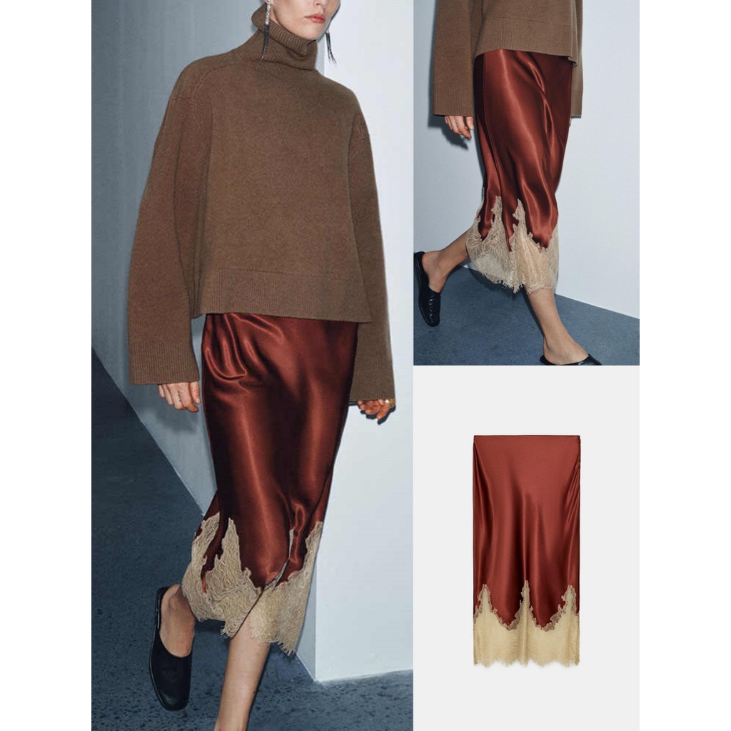 ZA Roupas femininas elegantes e elegantes com textura de cetim de seda de cintura média 5344101 605 em Oferta na Shopee