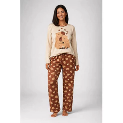 Pijama Feminino Capivaras Inverno Confortável Manga Longa Suede Conjunto Quentinho Roupa de Dormir Frio