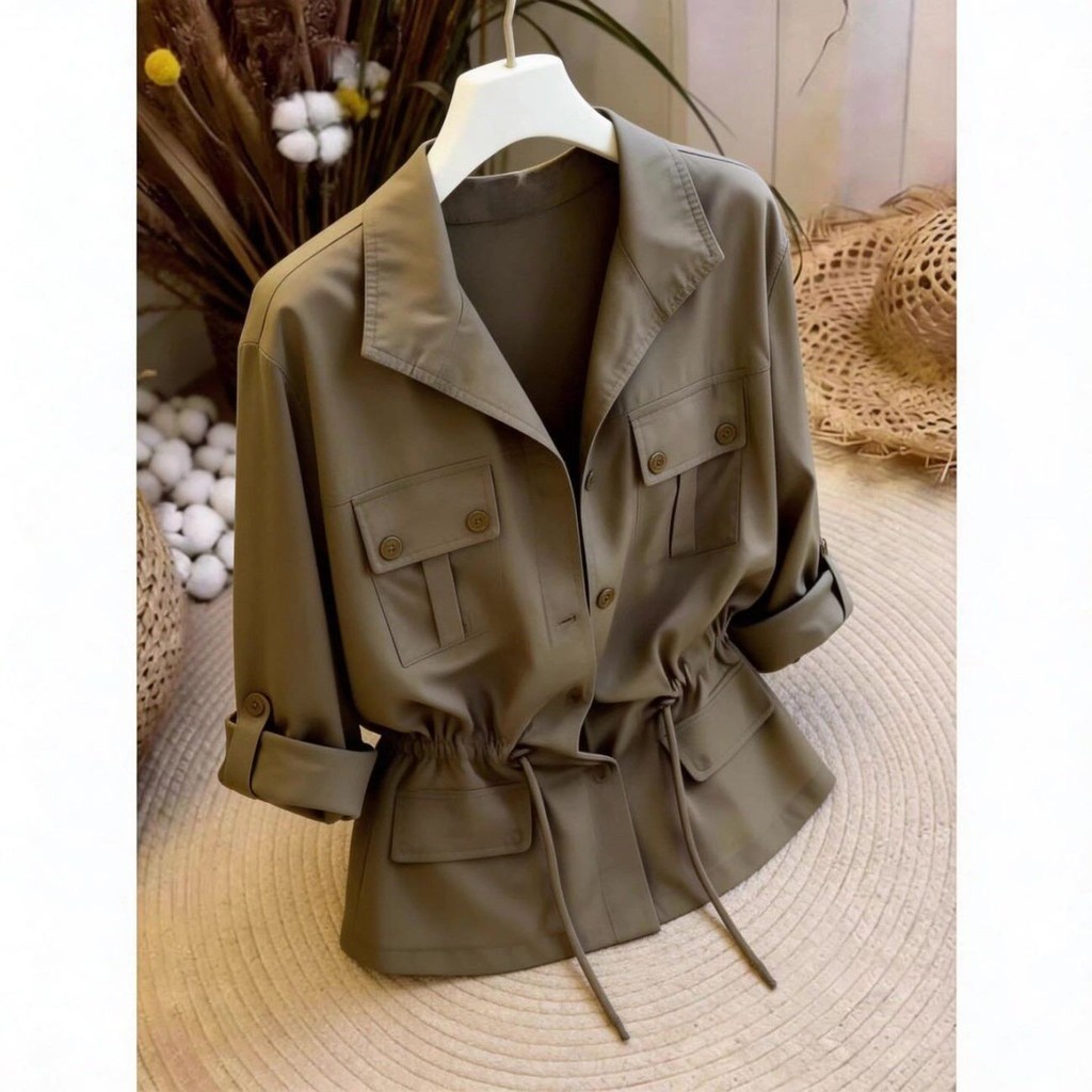 Verde do exército rendas camisa de cintura estreita mais magro olhar 2026 primavera branco preto cinza solto capa carne