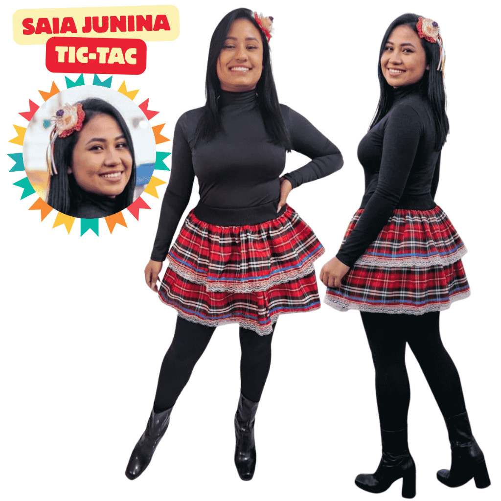 Kit Saia Xadrez Festa Junina Arraia São João + TicTac Chapéuzinho Tamanho Único