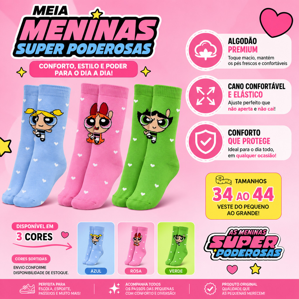 Meias Divertidas de Personagem Algodão GYM Academia Corrida Meninas Super Poderosas