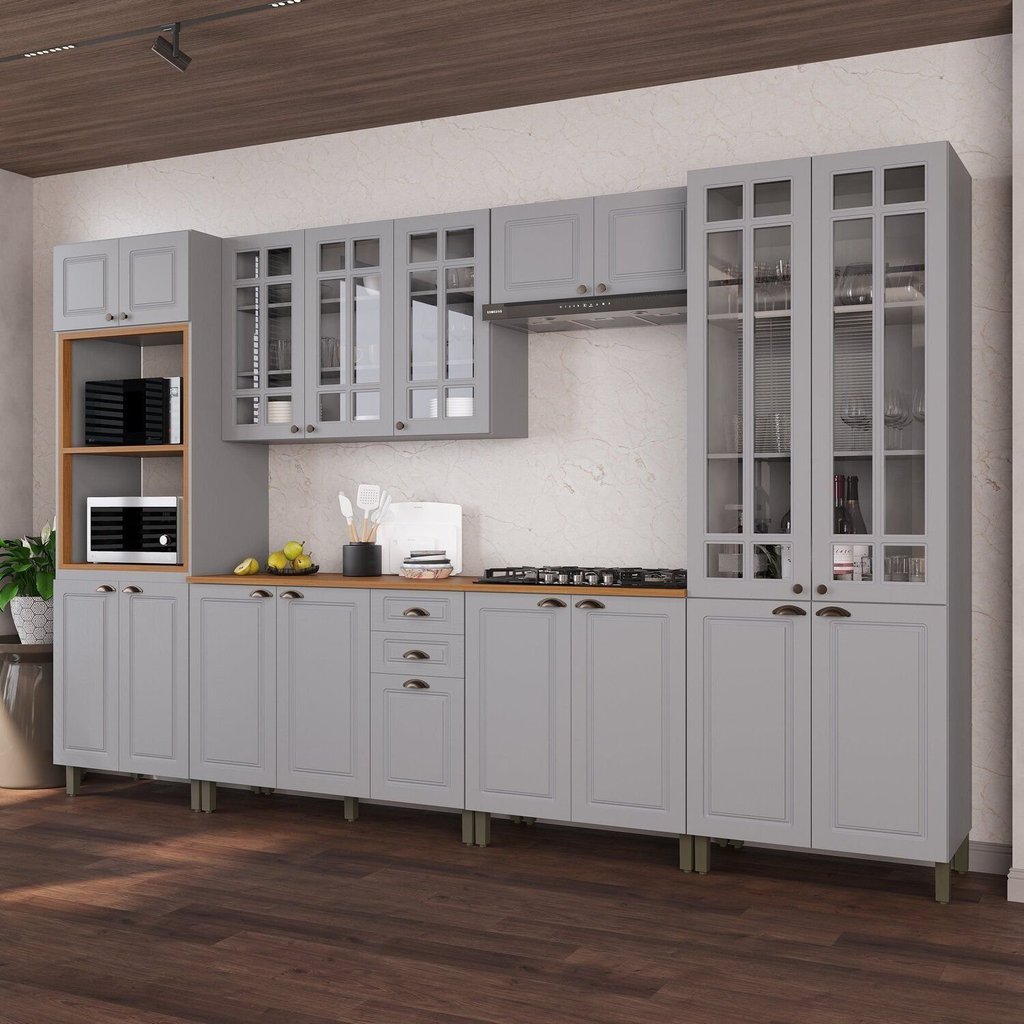 Cozinha Modulada 6 Peças Torre Quente Cristaleira 2 Balcão com Tampo e 2 Aéreos 100% MDF com Vidro Bari Cinza/Titanio