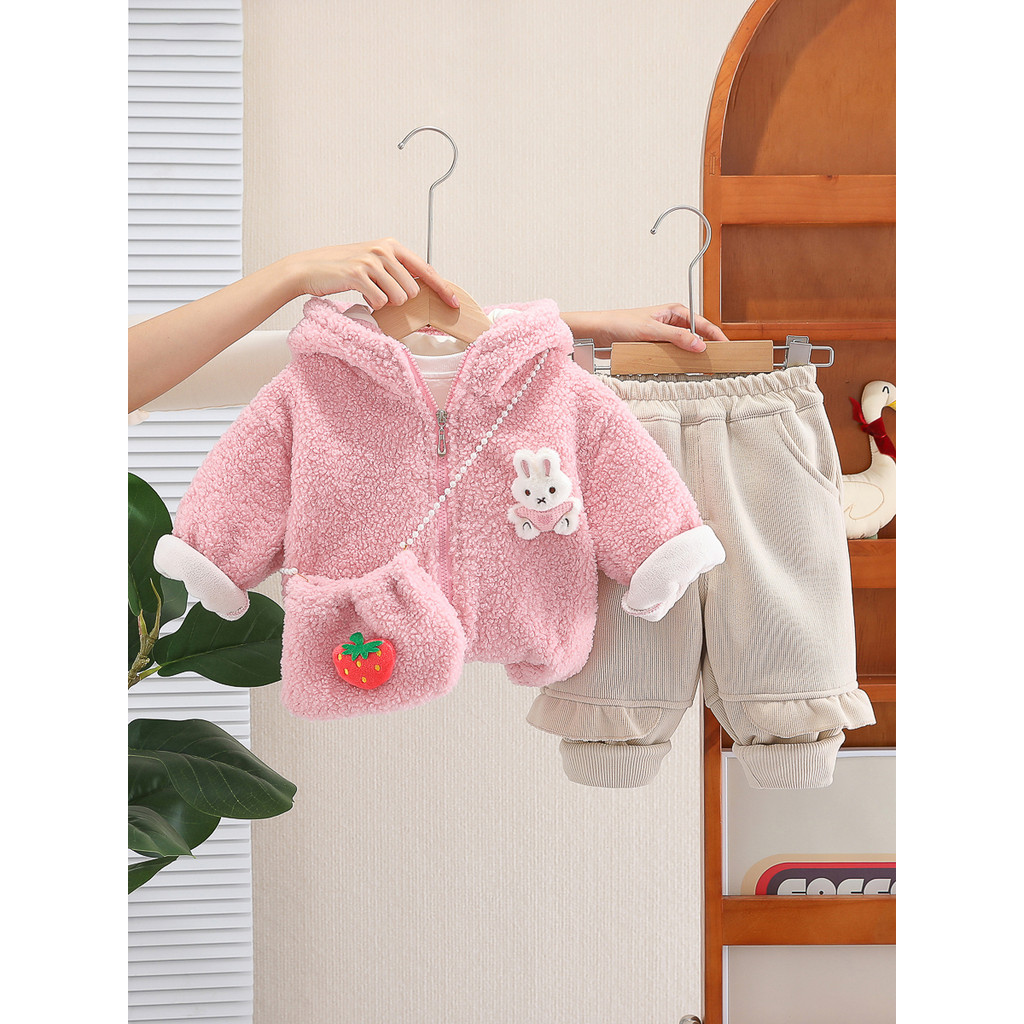 Meninas outono inverno roupas novo estilo moda pelúcia engrossado terno de duas peças bebê inverno cordeiro pelúcia bebê