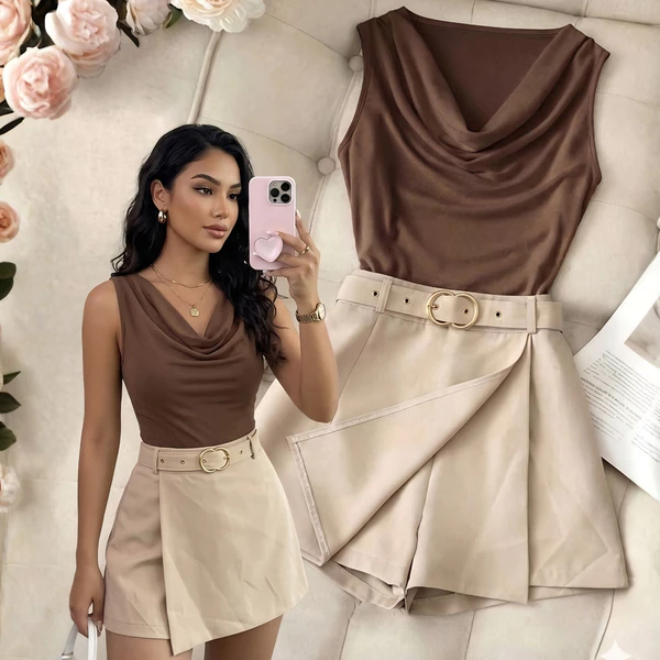 Conjunto Alfaiataria Short Saia com Cinto + Blusa Gola BOBA | P ao GG