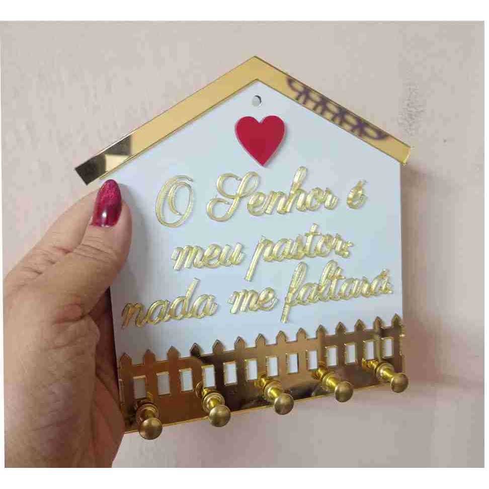 Porta-Chaves O Senhor é Meu Pastor ACM Branco Dourado 15x17cm — imagem 2 de 2