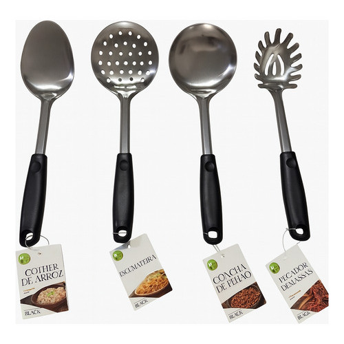 Kit 4 Utensílios Aço Inox Colher Concha Escumadeira Pegador de Massas, Sopa Feijão Frituras Macarrão