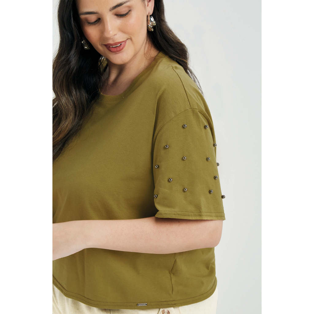 Detalhes do Blusa Feminina Aplicações de Pérolas Marialícia Verde