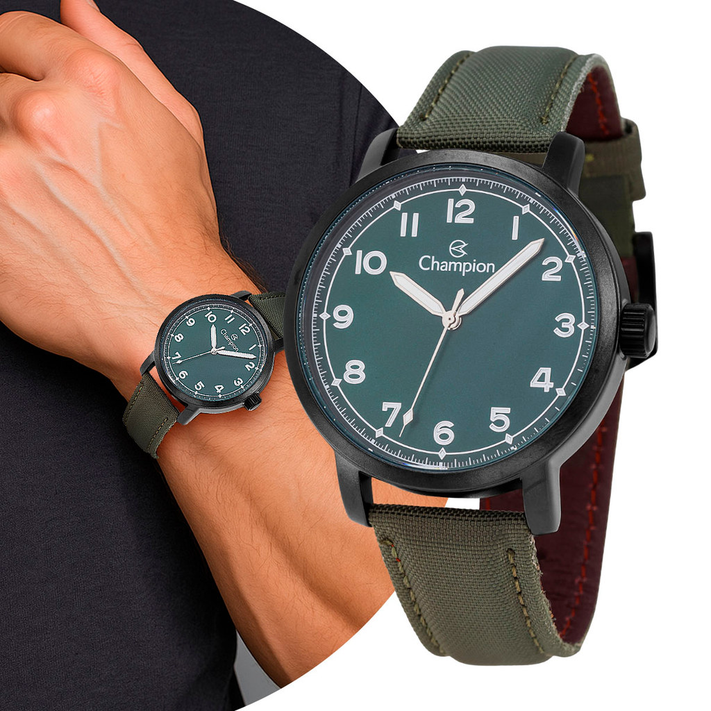 Relógio Masculino Analógico de Pulso com Pulseira de Nylon Tático Militar Verde Casual Champion Original