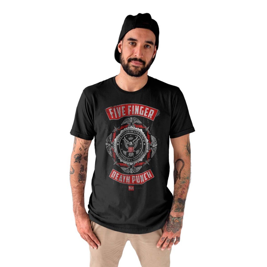 Camsieta Punk Rock Five Finger Death Punch Logo Álbum 5FDP MD6 Algodão Premium Unissex
