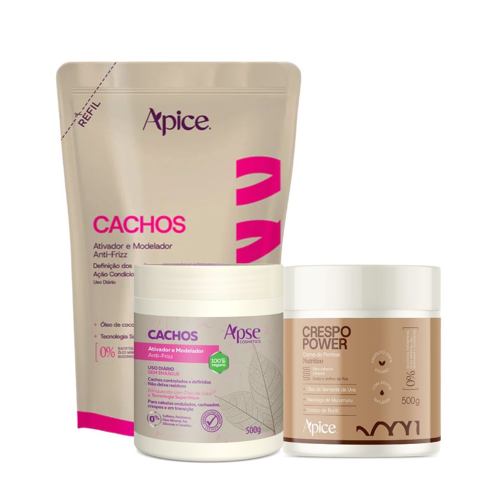 Kit Creme de Pentear Crespo, Ativador e Refil ativador 500g cachos Apice