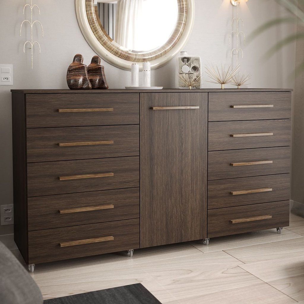 Cômoda 1 Porta 10 Gavetas com Rodízio Imperial Marrom/Capuccino Capuccino