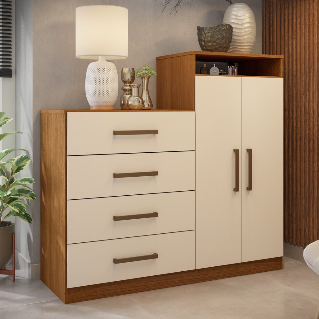 Cômoda 2 Portas 4 Gavetas Aurea Demóbile Amêndola Touch/Off White