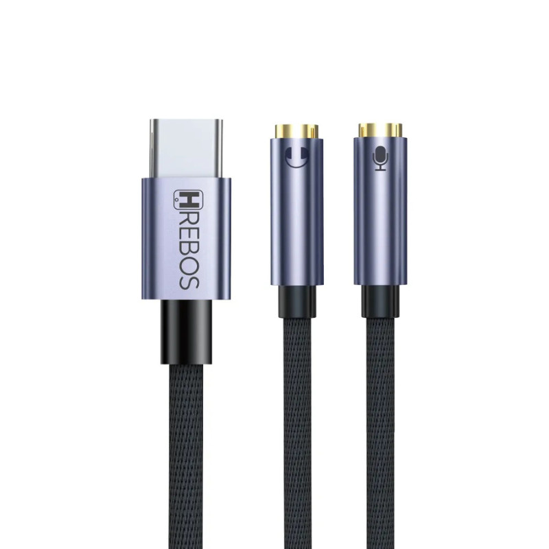 Splitter Divisor USB Tipo C para Fone P2 e Microfone P2 Cabo Nylon Reforçado Cinza e Preto Adaptador USB-C AD-229