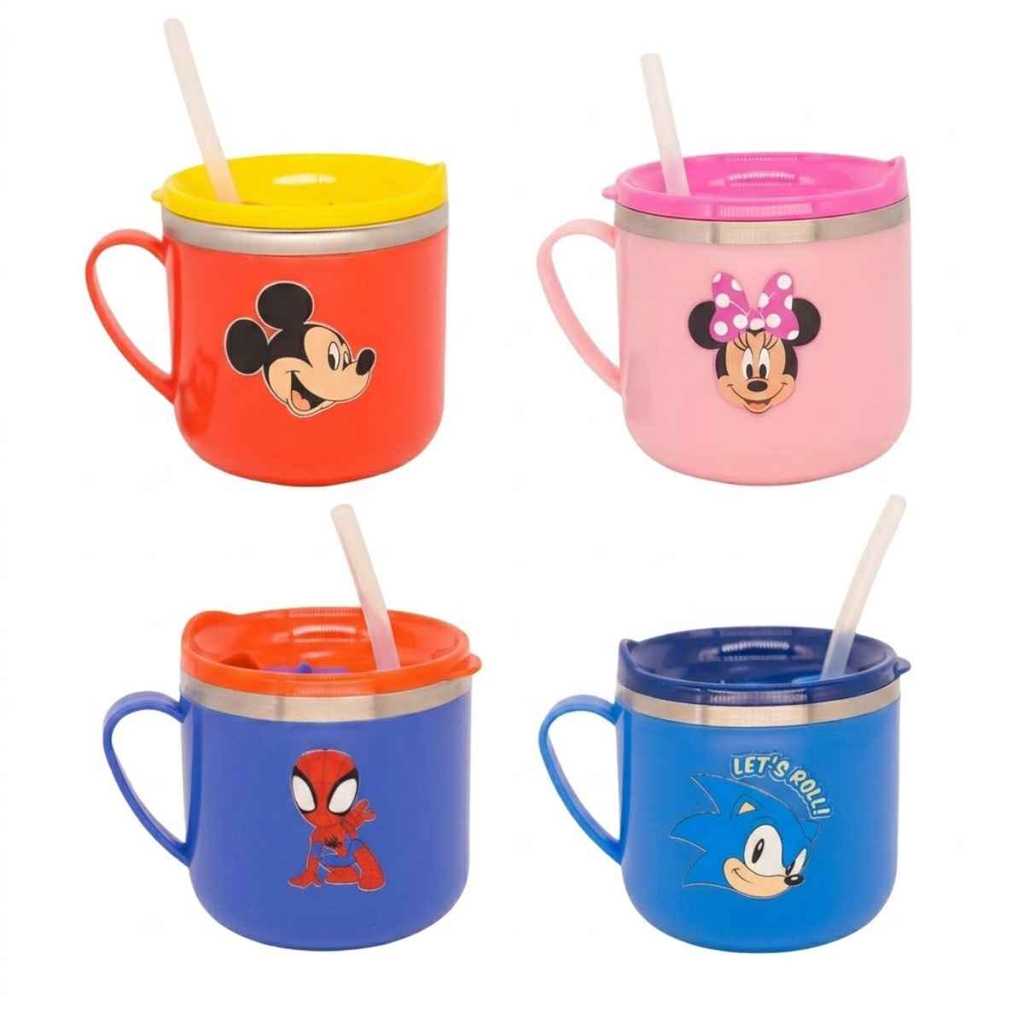 Caneca Infantil Tampa Flip Canudo Trava Inox e Plástico 250ml Sonic Minnie Mickey Homem Aranha ZC