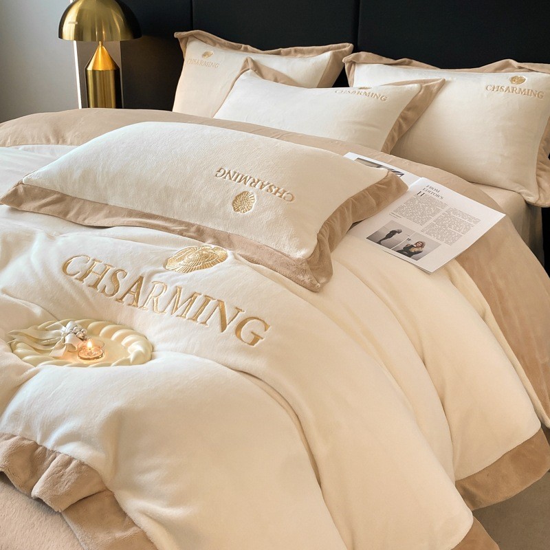 Nova luz estilo de luxo bordado leite veludo cama conjunto quatro peças inverno engrossado Coral velo flanela folha colc