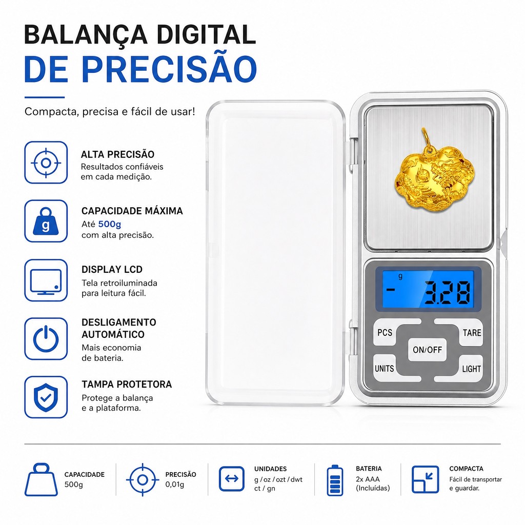 Balança Digital de Precisão 0,01g até 500g Portátil com Função Tara, Display LCD e Conversão de Unidades