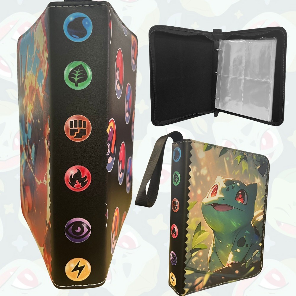 Álbum Fichário Pasta Colecionador Bulbassauro Pokémon Para 400 Cards Capa Dura Porta Cards Em Couro Com Ziper