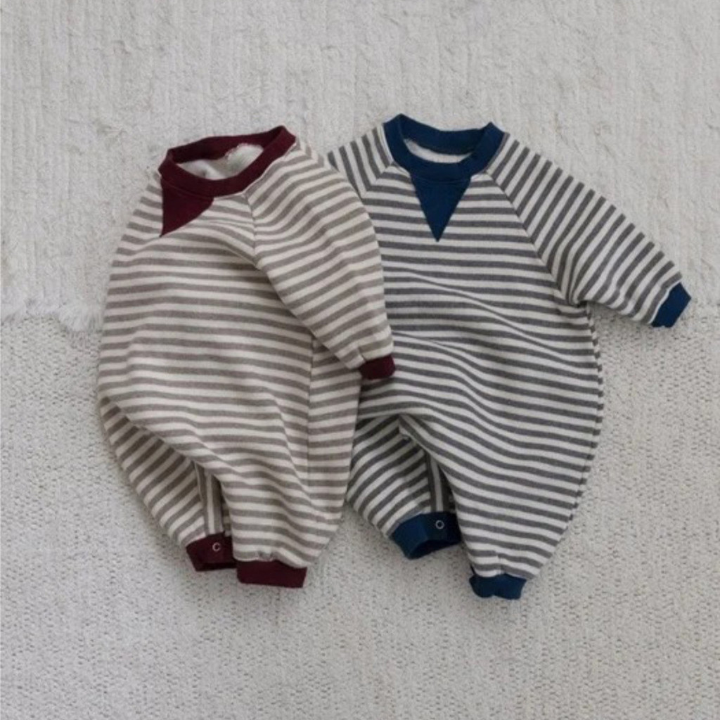 Roupas de bebê roupas de inverno bebê velo quente moda listras contraste cor longo macacão bebê crianças roupas de bebê 