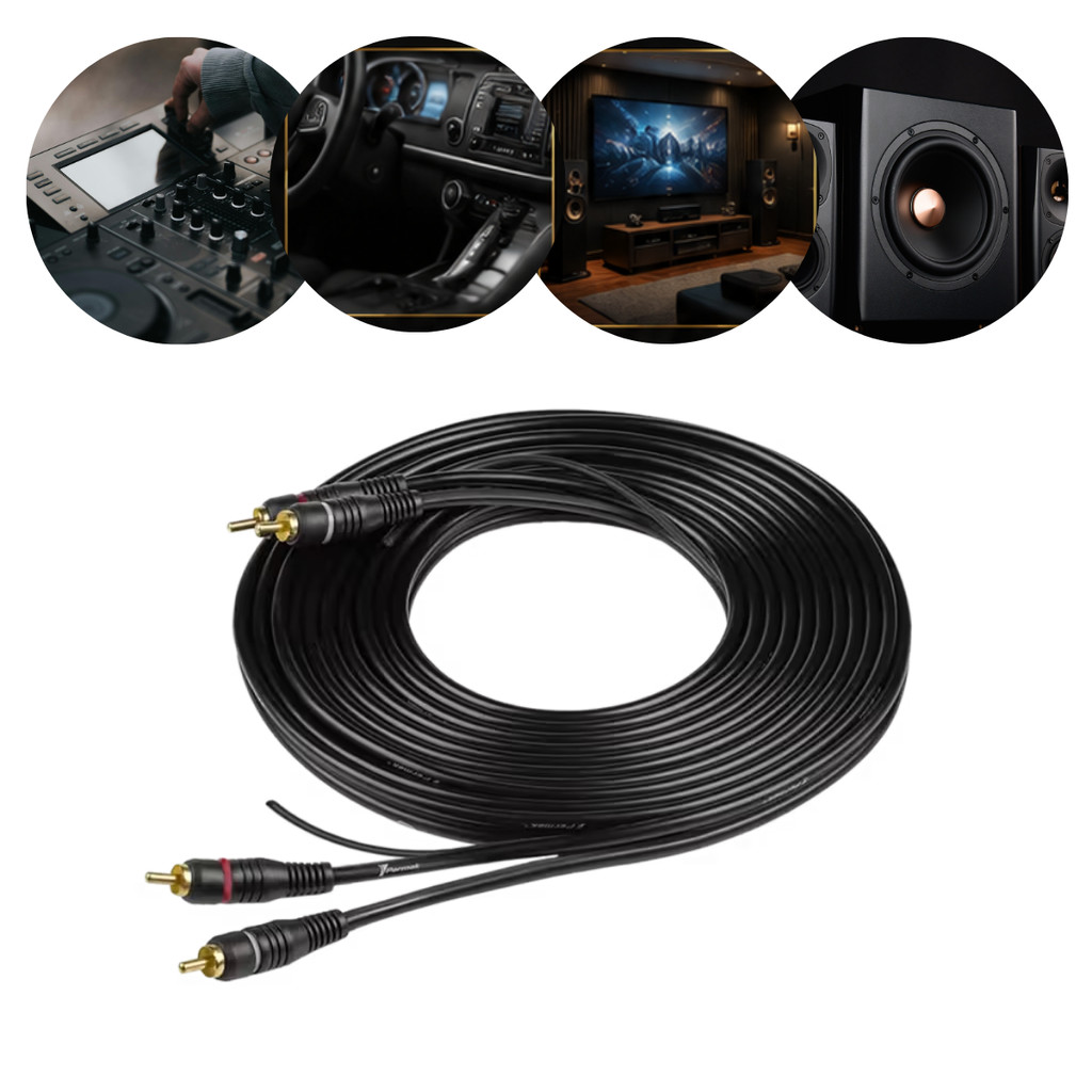 Cabo RCA Ouro Blindado 5M Som Automotivo Áudio Vídeo Adaptador Conector 4Pontas Macho Módulo- Preto