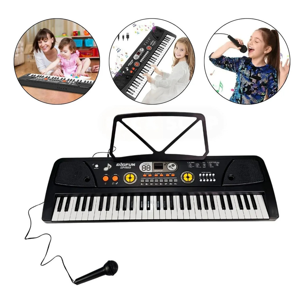 Teclado Infantil Eletrônico Bigfun 61 Teclas C/ Microfone USB Fonte 5V Pilhas AA