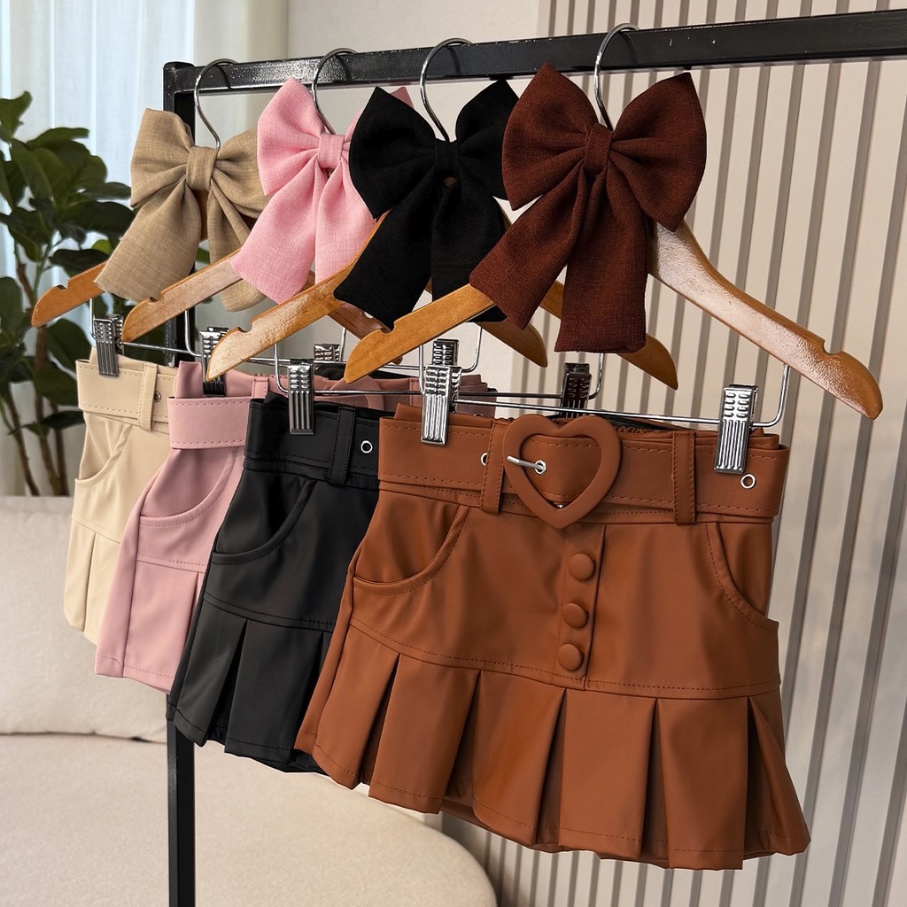 Short Saia Infantil Estela Marrom, Preto e Bege Menina 04 ao 12