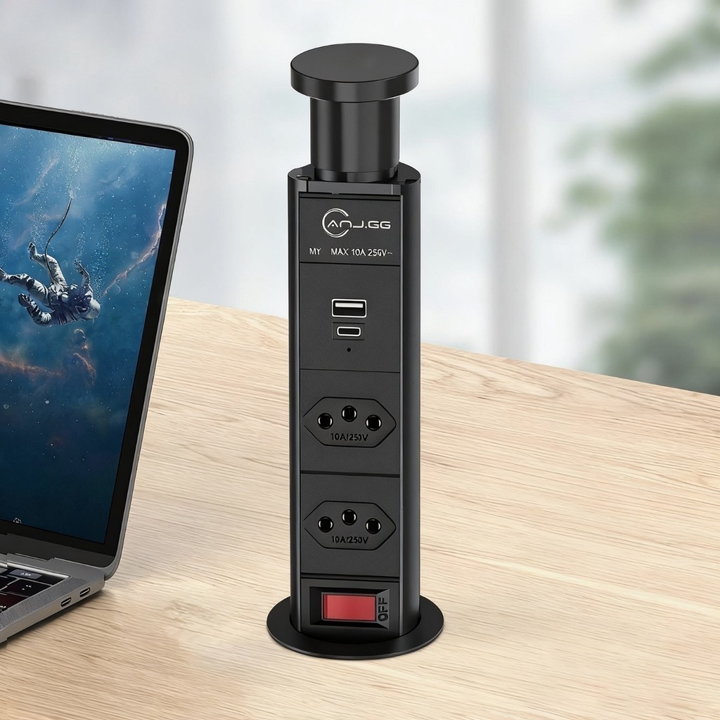 Torre Retrátil de 2 Tomadas com USB e Tipo-C – 2500W / 250V 10A – Soquete Embutido para Mesa e Escritório  anjgg